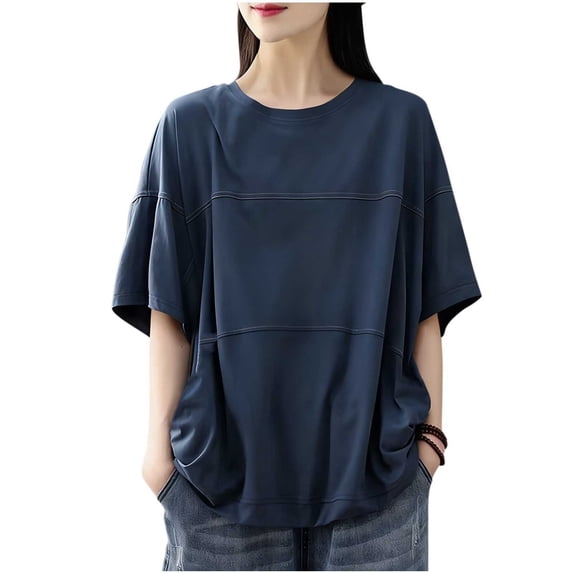 Turilly Women's Solid Color Patchwork Tops Summer Ladies Short Sleeve Round Neck Casual Loose Fitting Top