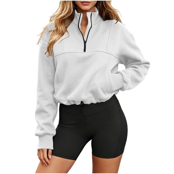 Turilly Women's Solid Color Quarter-Zip Pullover Hoodless Sweatshirt, Casual Long Sleeve Stand Collar Fleece Top with Pockets