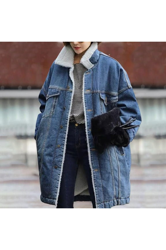 Women's Solid Colored Lamb Wool Denim Jacket With Medium Length Button Denim Jacket With Pockets