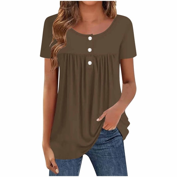 Turilly Women's Solid Pleated Button-Front Tunic Tops Fashion Ladies Short Sleeve Round Neck Pleated Casual Spring And Summer Henley Top