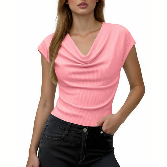 Turilly Women's Solid Ribbed Cowl V-Neck 1/4 Sleeve Tops Groove Strip Breathable Summer Short Sleeved Casual T-Shirt Top