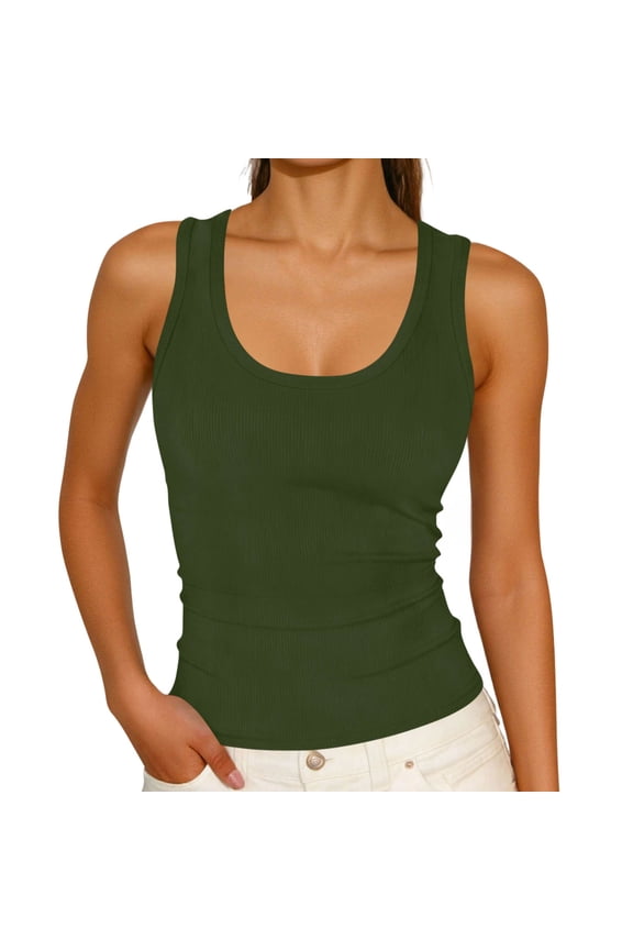 Women's Solid U-Neck Ribbed Knit Tank Tops Side Ruched Slim Fit Sleeveless Casual Blouses for Summer Daily Wear