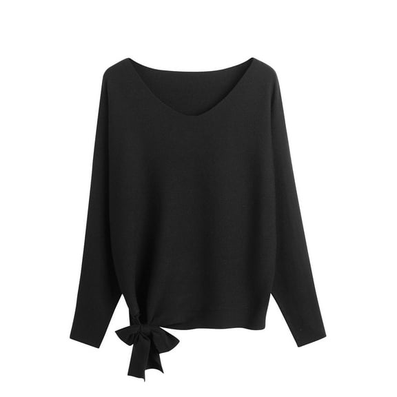 Turilly Women's Solid V-neck Sweaters with Loose Drawstring Pullover Knitted Sweater Tops