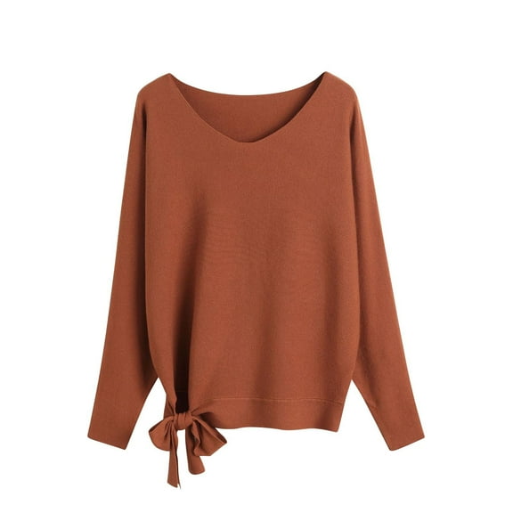 Turilly Women's Solid V-neck Sweaters with Loose Drawstring Pullover Knitted Sweater Tops