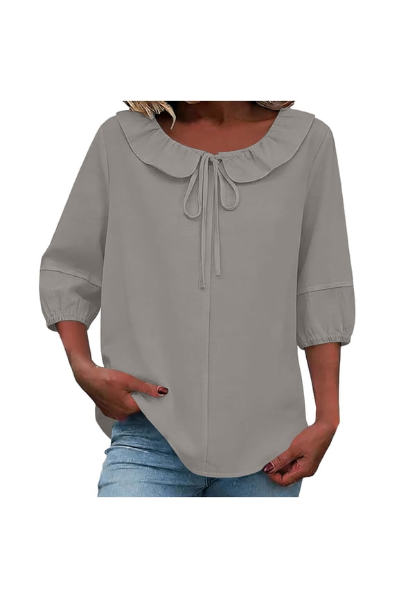 Women's Spring/Summer Ruffle Puff Sleeve Drawstring Tops 3/4 Sleeves Linen Solid Color Top
