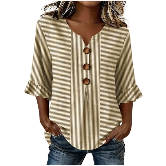 Turilly Women's Striped T-Shirts Fashion Ladies Summer 3/4 Sleeve V-Neck Blouse Tops Casual Blouses