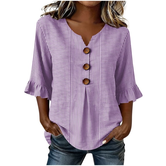 Turilly Women's Striped T-Shirts Fashion Ladies Summer 3/4 Sleeve V-Neck Blouse Tops Casual Blouses