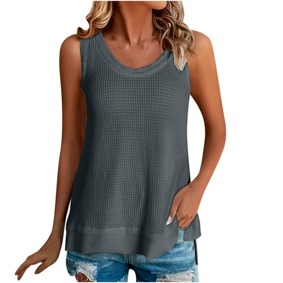 Turilly Women's Summer Casual Solid Color Round Neck Sleeveness Tops Loose Blouses Gray L