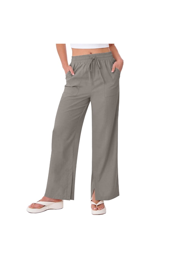Women's Summer Linen Pants Solid Loose Straight Leg Pant with Pockets Side Slit Button Pants Gray S