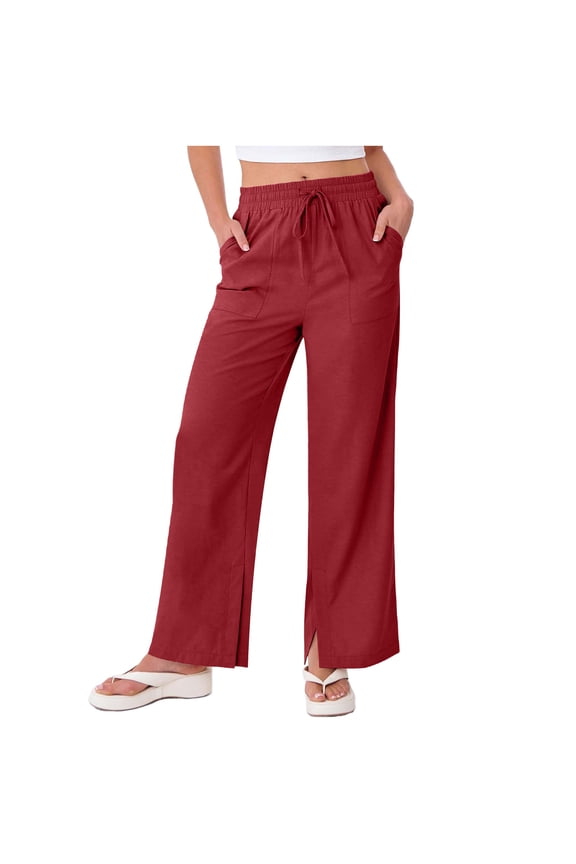 Women's Summer Linen Pants Solid Loose Straight Leg Pant with Pockets Side Slit Button Pants Red S