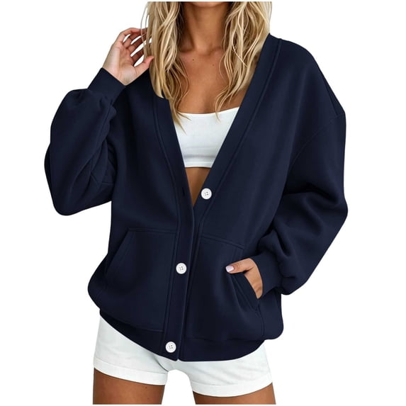 Turilly Women's V-Neck Button Down Sweatshirt, Loose Fit Long Sleeve Open Front Cardigans with Side Pockets, Casual Solid Color No-Hood Knit Top for Spring Autumn Winter Daily Wear
