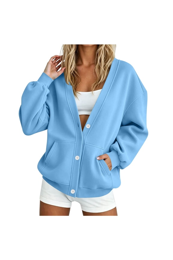 Women's V-Neck Button Down Sweatshirt, Loose Fit Long Sleeve Open Front Cardigans with Side Pockets, Casual Solid Color No-Hood Knit Top for Spring Autumn Winter Daily Wear