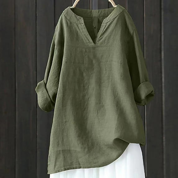 Turilly Women's V-Neck Long Sleeve Loose Cotton And Linen Shirts Summer Shirts Blouse
