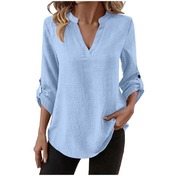 Turilly Women's V-Neck Loose T-Shirts 3/4 Sleeves Top Women's Spring And Summer 3/4 Sleeved Solid Color Short Sleeved Shirt