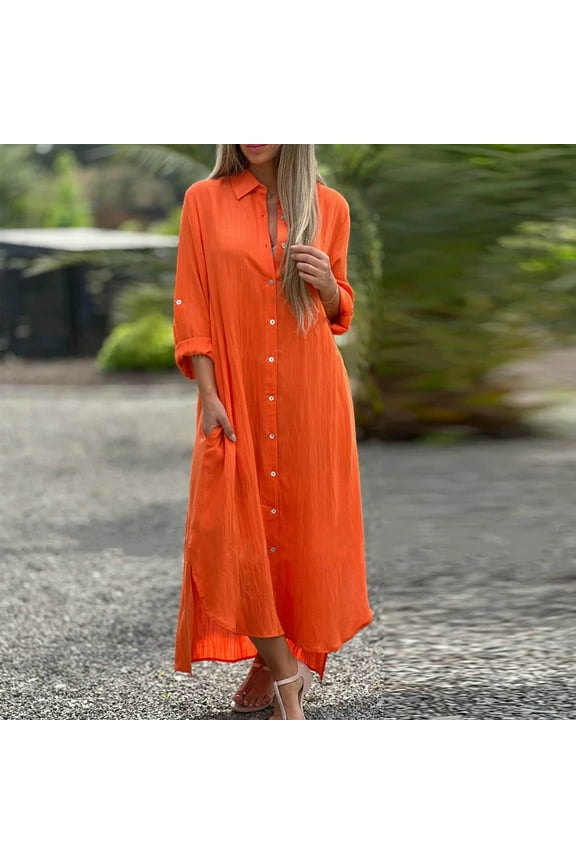 Women's V-Neck Shirt Dress Solid Color Cotton Hemp Casual Cardigan Long-Sleeved Dress