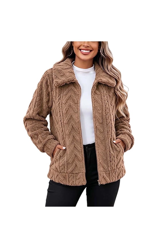 Women's Winter Fleece Jacket Textured Cable Knit Pattern Zip Up Turn Down Collar Warm Coat Casual Relaxed Fit Plush Outerwear with Pockets for Daily Wear