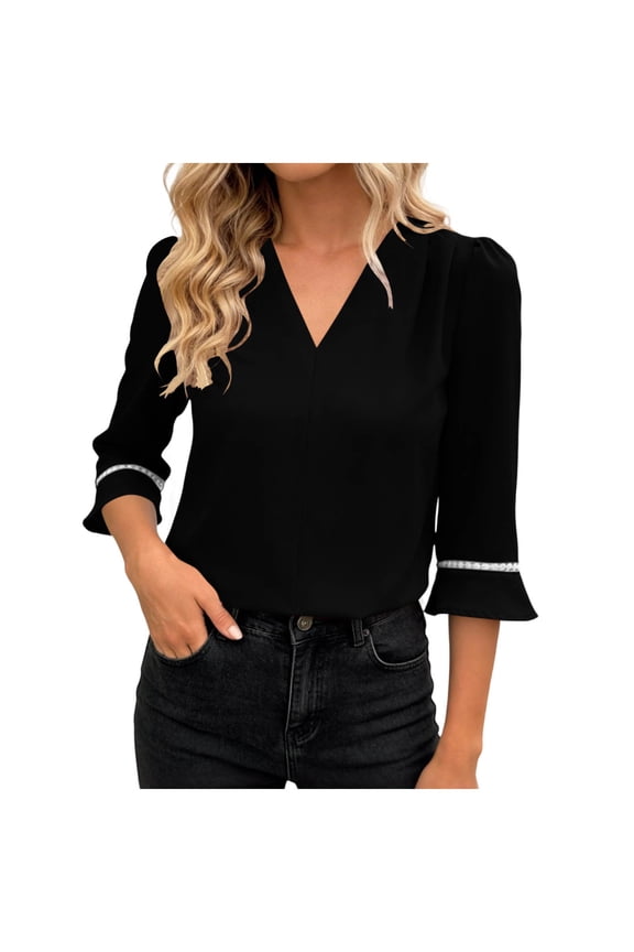 Womens 3/4 Flare Sleeve Blouse with Rhinestone Trim Casual Relaxed Fit V-Neck Top