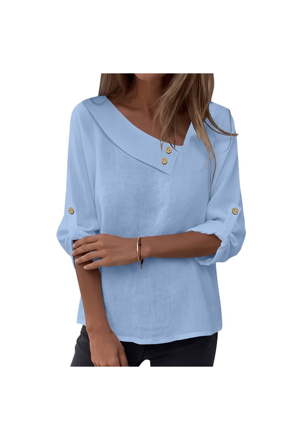 Womens 3/4 Sleeve Tops Fashion Ladies Spring Summer Lace Round-Neck Casual Solid Color Three-Quarter Sleeve Linen Top Sky Blue XXL