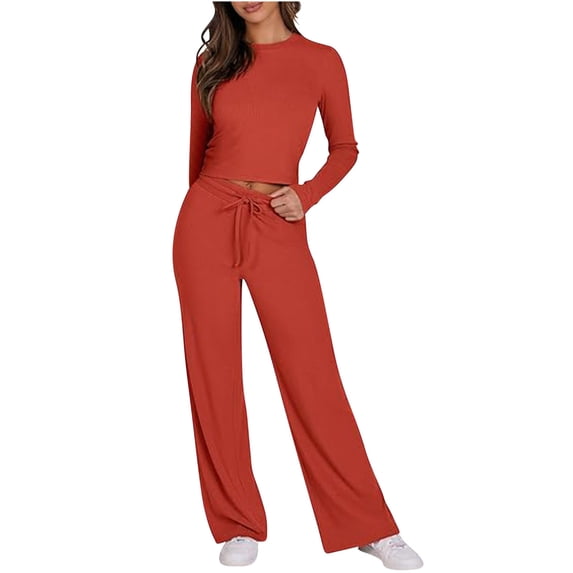 Turilly Womens Athletic Tracksuit Set Women's 2 Piece Sporty Sets Long Sleeve Crop Tops Flare Pants Ribbed Knit Matching Pajamas Set Fall Outfits