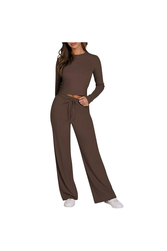 Womens Athletic Tracksuit Set Women's 2 Piece Sporty Sets Long Sleeve Crop Tops Flare Pants Ribbed Knit Matching Pajamas Set Fall Outfits