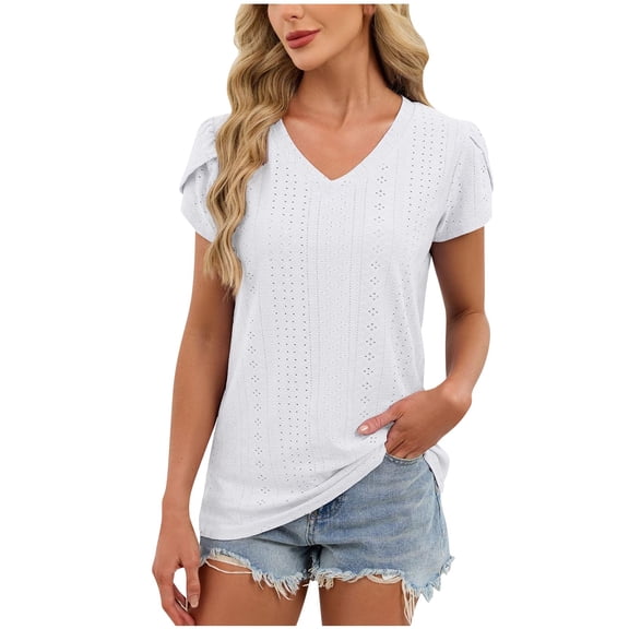 Turilly Womens Basic Shirts Top Women's Casual Fashion Solid Color Summer V-Neck Short Sleeve Blouses White XXL