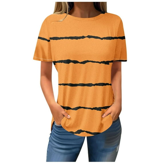 Turilly Womens Blouses And Tops Dressy Women Striped Printed Short Sleeve Round-Neck Pullover Blouse T-Shirt Casual Loose Tops