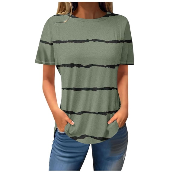 Turilly Womens Blouses And Tops Dressy Women Striped Printed Short Sleeve Round-Neck Pullover Blouse T-Shirt Casual Loose Tops