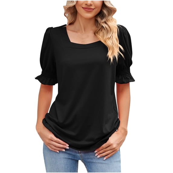 Turilly Womens Blouses And Tops Dressy Women's Casual Solid Color Square Neck Short Sleeve Tops T-Shirt Loose Blouses