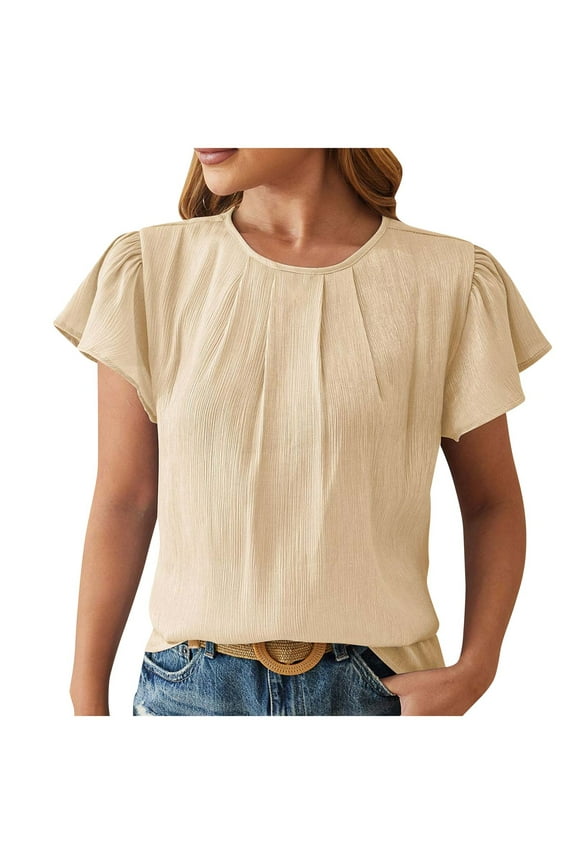 Womens Blouses And Tops Dressy Women's Summer Solid Lace V-Neck Bubble Short Sleeve Solid T-Shirt Top