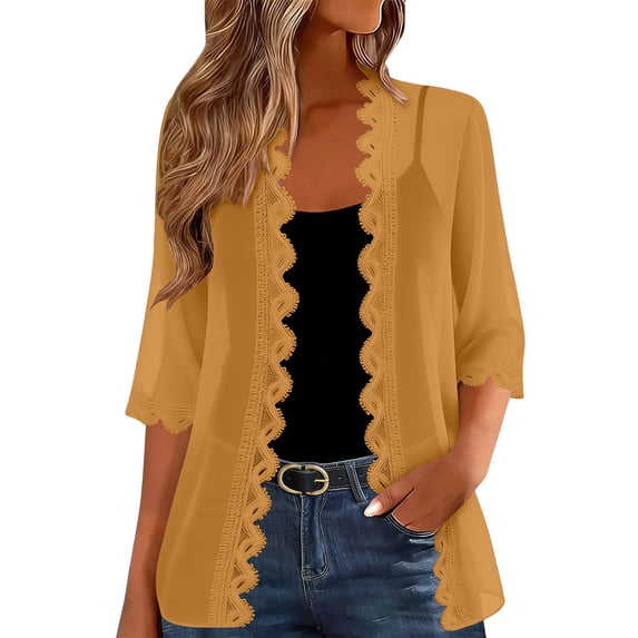 Turilly Womens Casual Lace Trim Chiffon Open Front Cardigans 3/4 Sleeve Lightweight Layering Shrug