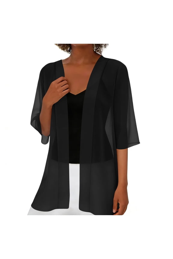 Womens Casual Sheer Chiffon Open Front Cardigans Half Sleeve Lightweight Solid Color Layering Shrug