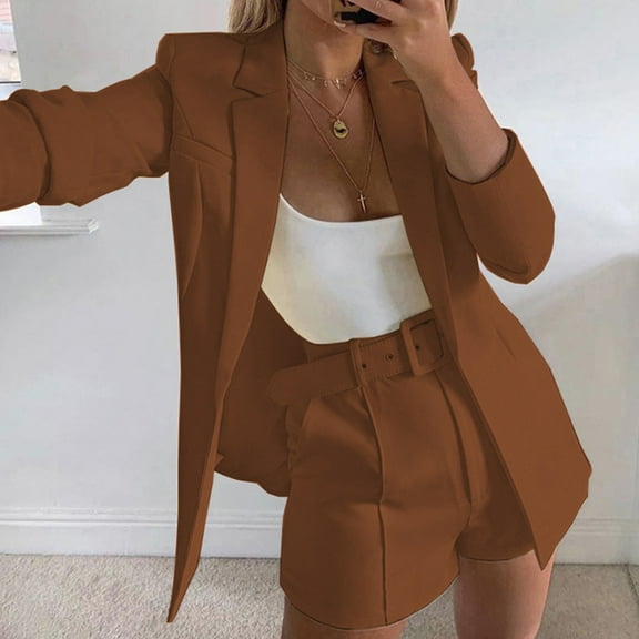 Turilly Womens Coats and Jackets Women's Fashion Color Long Sleeve Turndown Collar Coat Casual Short Pants Belt Three Piece Set