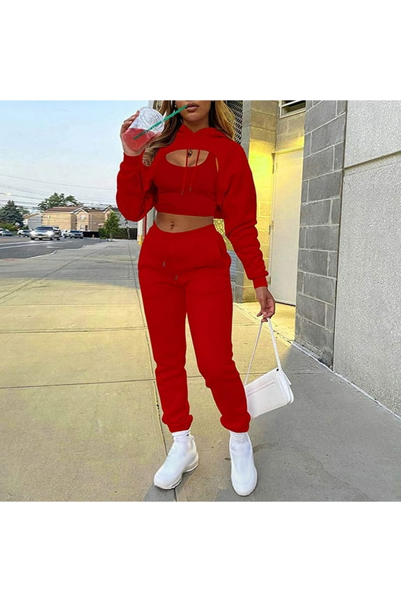 Womens Coats and Jackets Women's Solid Color Sling Vest Sweatshirt High Waist Pack Hip Straight with Pocket Pants Three-piece Suit