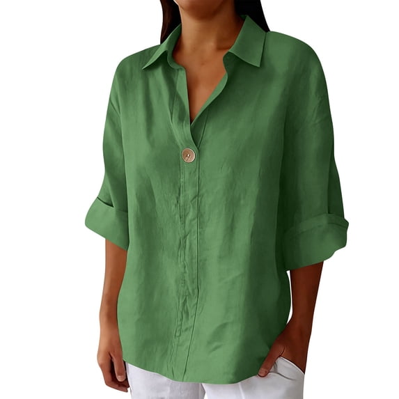 Turilly Womens Collared Casual Tops Fashion Ladies 3/4 Sleeve Solid Single Button Shirts Placket Breathable Blouse