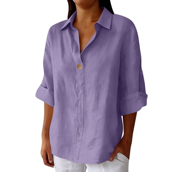 Turilly Womens Collared Casual Tops Fashion Ladies 3/4 Sleeve Solid Single Button Shirts Placket Breathable Blouse