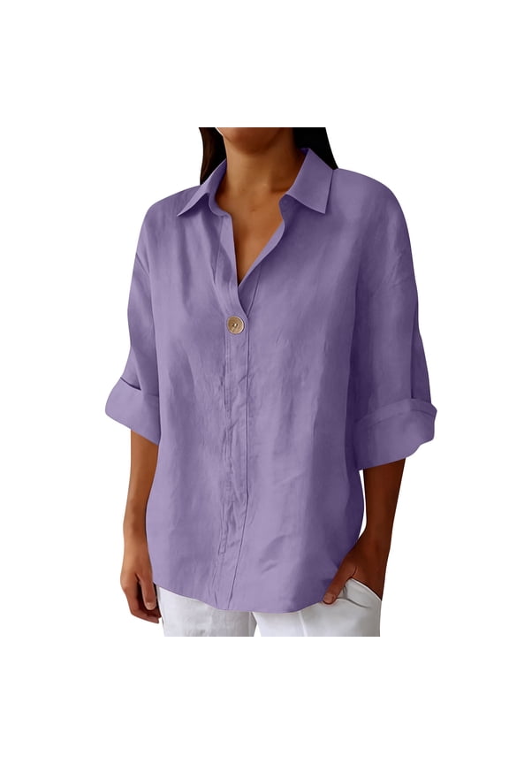 Womens Collared Casual Tops Fashion Ladies 3/4 Sleeve Solid Single Button Shirts Placket Breathable Blouse