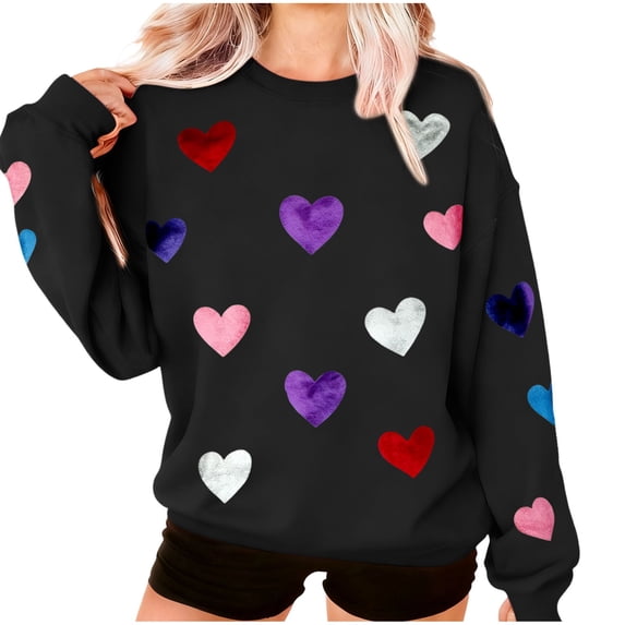 Turilly Womens Crew Neck Sequined Heart Print Sweatshirts Long Sleeve Top Sweatshirt No Hood Sweatshirt Women Top Black L