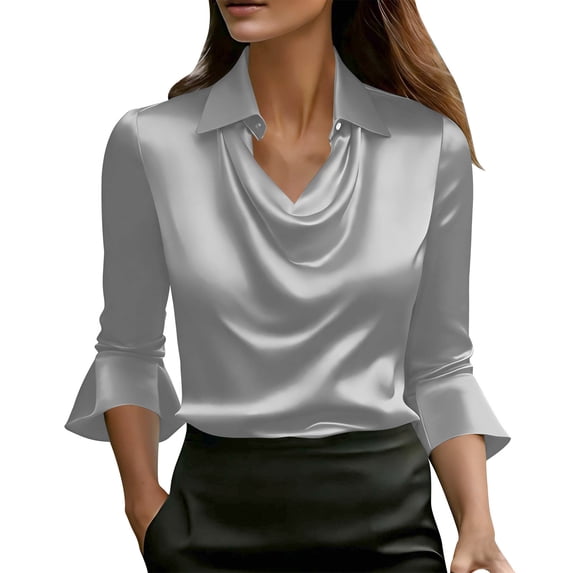 Turilly Womens Elegant Cowl Neck Blouse with A Ruffled Collar And 3/4 Sleeves Solid Color Tops