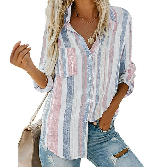Turilly Womens Fashion V-Neck Striped Roll Up Sleeve Button Down Blouses Tops with Pocket Loose Shirt