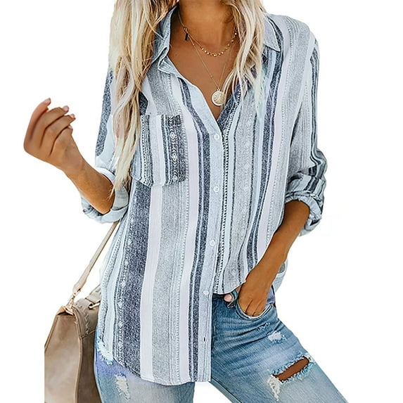 Turilly Womens Fashion V-Neck Striped Roll Up Sleeve Button Down Blouses Tops with Pocket Loose Shirt