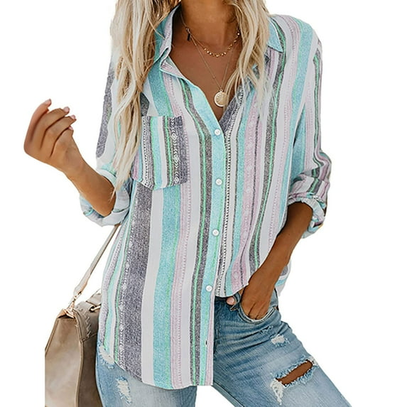 Turilly Womens Fashion V-Neck Striped Roll Up Sleeve Button Down Blouses Tops with Pocket Loose Shirt