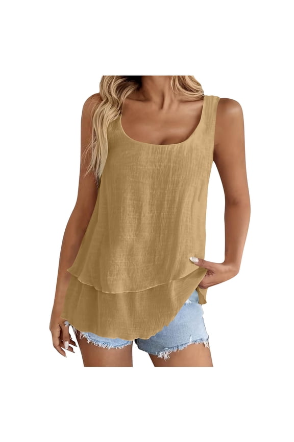 Womens Flowy Fit Breathable Side Split Hem Sleeveless Top Women's Solid Color Spring Summer Double Layer Linen Strappy Casual T-Shirt