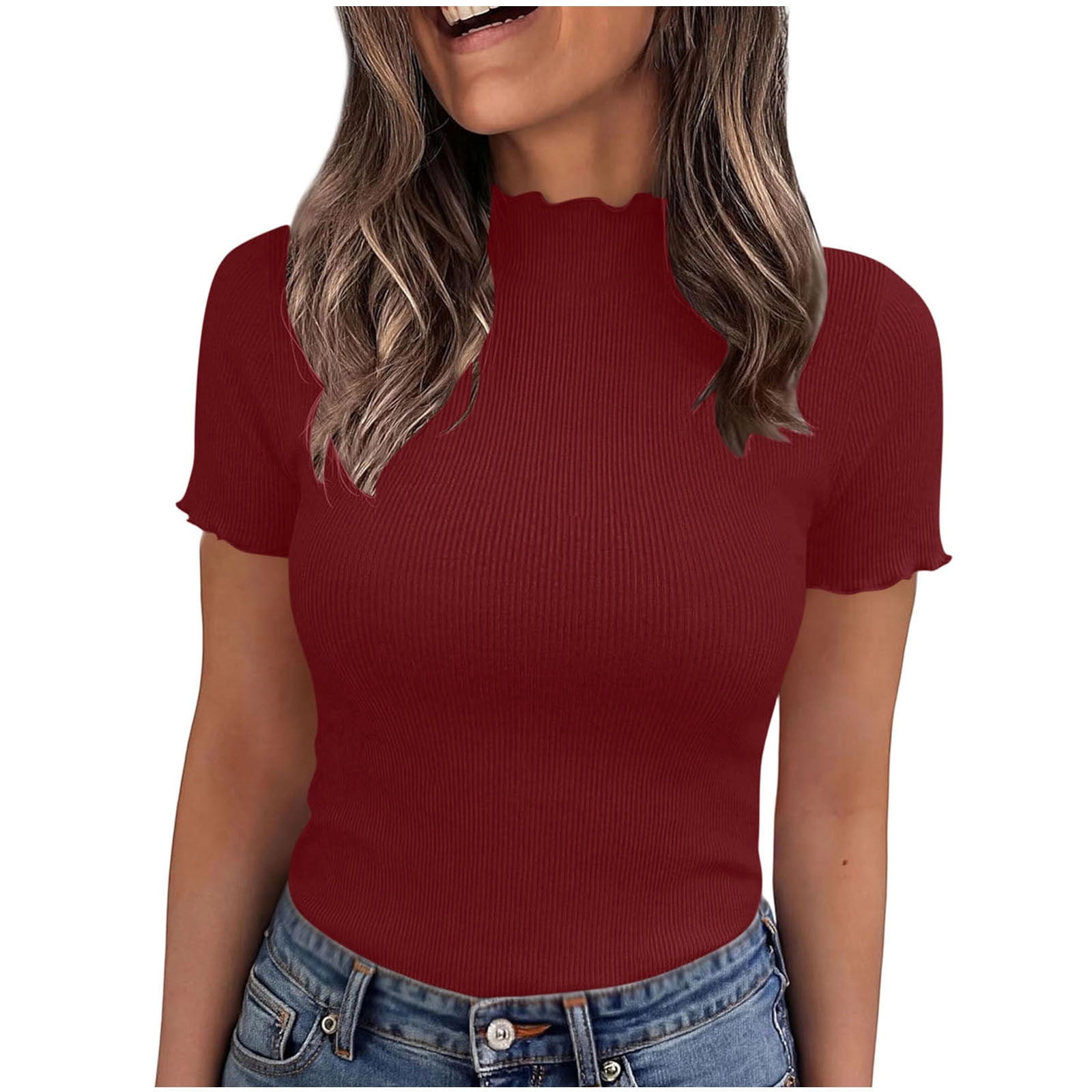 Turilly Womens High Neck Ribbed Knit Tees Summer Solid Color