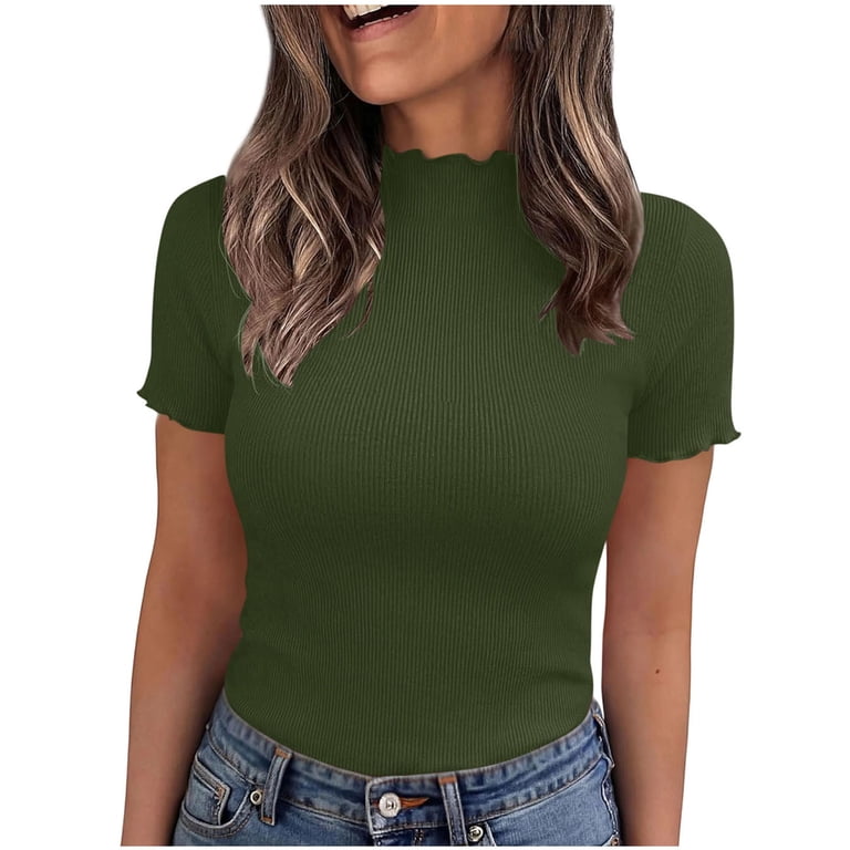 Turilly Womens High Neck Ribbed Knit Tees Summer Solid Color