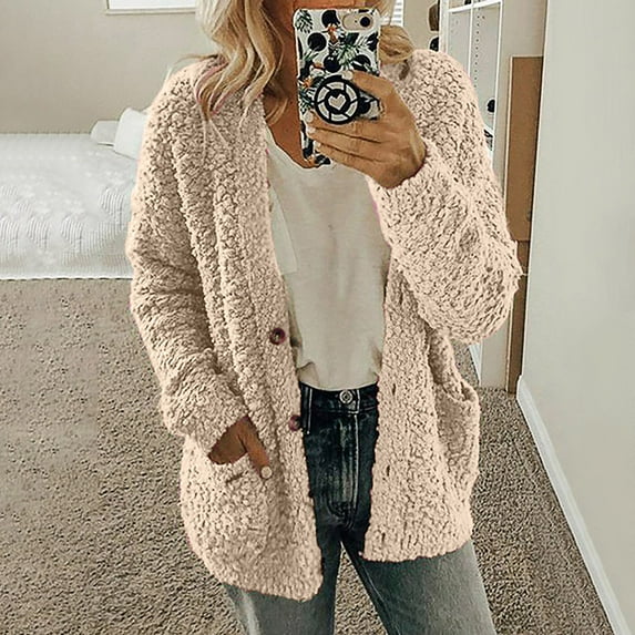 Turilly Womens Jackets Ladies Clearance, Fashion Women Casual Long Sleeve Button Solid Pocket Cardigan Tops Blouse Plush Coat