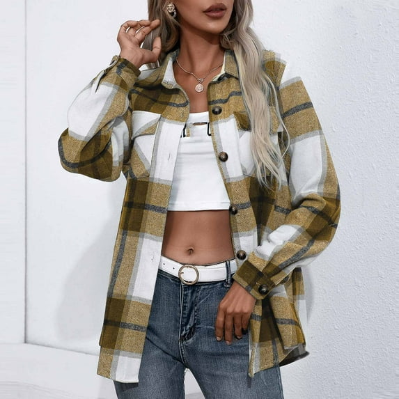Turilly Womens Jackets Ladies Fashion Women Plaid Printing Cardigan Button Autumn Coat Blouse Outwear Shirts Outwear