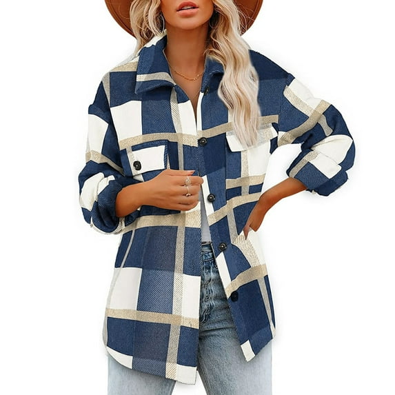 Turilly Womens Jackets Ladies Women Autunm and Winter Plaid Printed Long Sleeve Turn-down Collar Suit Cardigan Woolen Coat Tops
