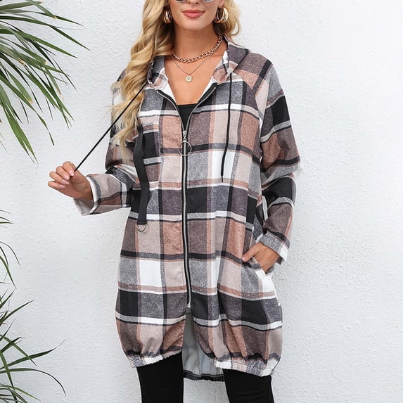 Turilly Womens Jackets Ladies Clearance, Women's Check Print Loose Lapel Zip Hooded Double Pocket Blazer Long Sleeve Hooded Casual Coat/Jacket