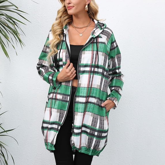 Turilly Womens Jackets Ladies Clearance, Women's Check Print Loose Lapel Zip Hooded Double Pocket Blazer Long Sleeve Hooded Casual Coat/Jacket