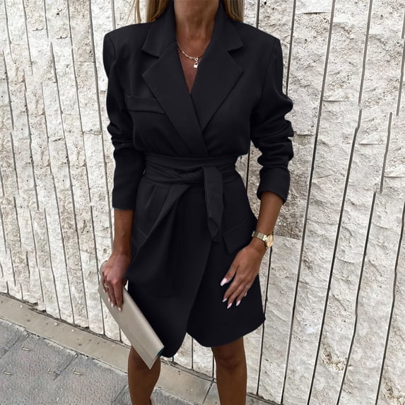 Turilly Womens Jackets Ladies Clearance, Women's Fashion Casual Lace Up Waist Loose Candy Color Long Sleeve Solid Color Suit Collar Dress Coat